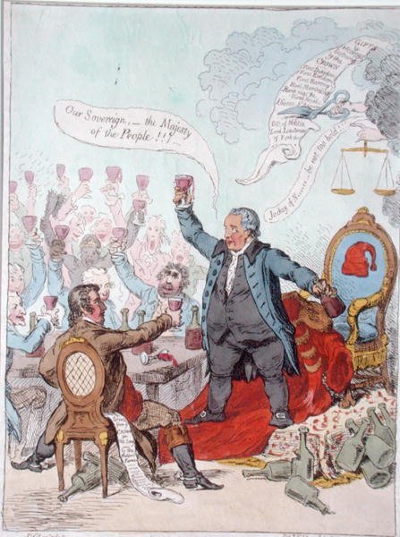 The Loyal Toast, udgivet af Hannah Humphrey i 1798 (håndfarvet radering) af James Gillray