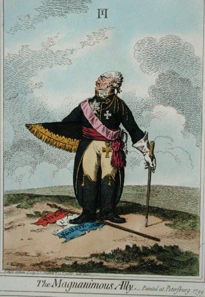 The Magnanimous Ally, udgivet af Hannah Humphrey i 1799 (håndfarvet radering) af James Gillray