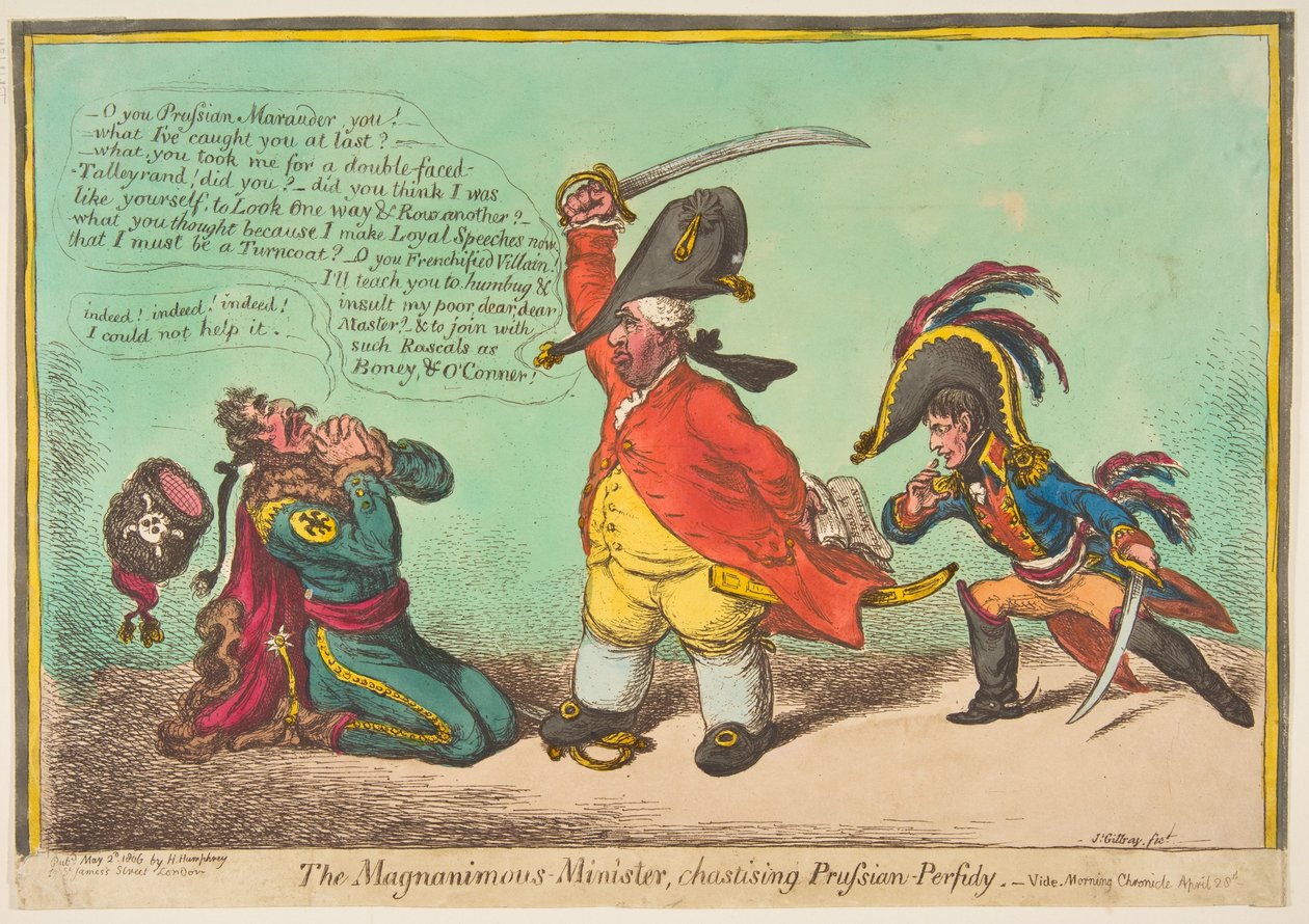 Den storsindede minister, tugter den preussiske fornærmelse.-vide-morgenkrønike april..., 2. maj 1806. af James Gillray