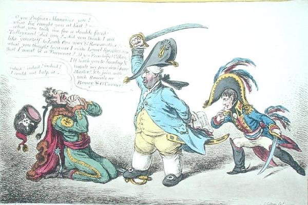 The Magnanimous Minister Chastising Preussian Perfidy, udgivet af Hannah Humphrey i 1806 (håndfarvet radering) af James Gillray