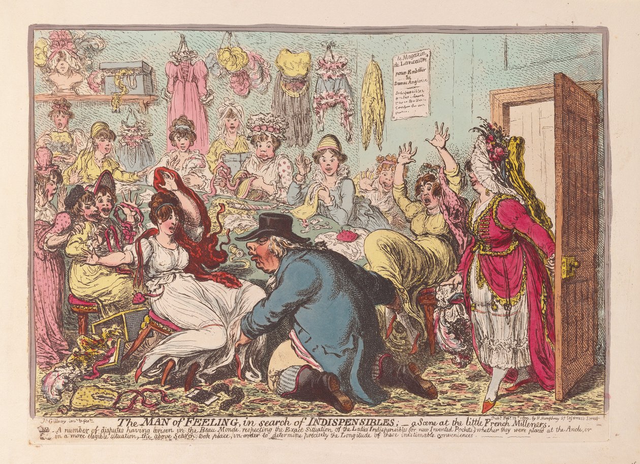 Følelsens mand på jagt efter uundværlige ting; en scene på den lille franske Milliners, pub. 1800 (håndfarvet gravering) af James Gillray