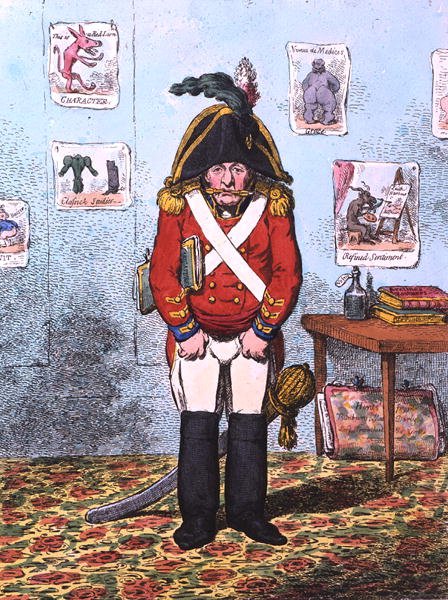 The Military Caricaturist, udgivet af Hannah Humphrey i 1799 (håndfarvet radering) af James Gillray