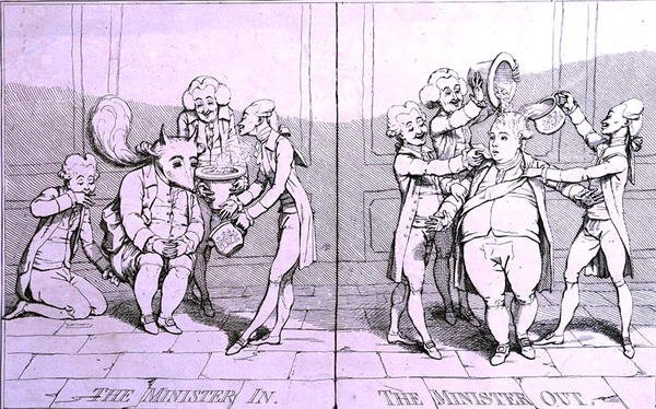 The Minister In - The Minister Out, udgivet af William Humphrey i 1782 (radering) af James Gillray