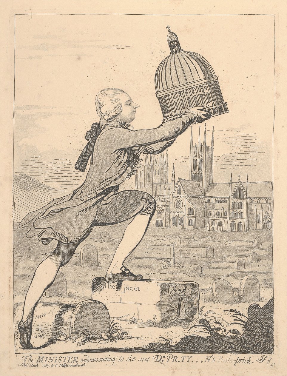 Ministeren forsøger at supplere dr. Pr*ty***ns Bisho-Prick af James Gillray