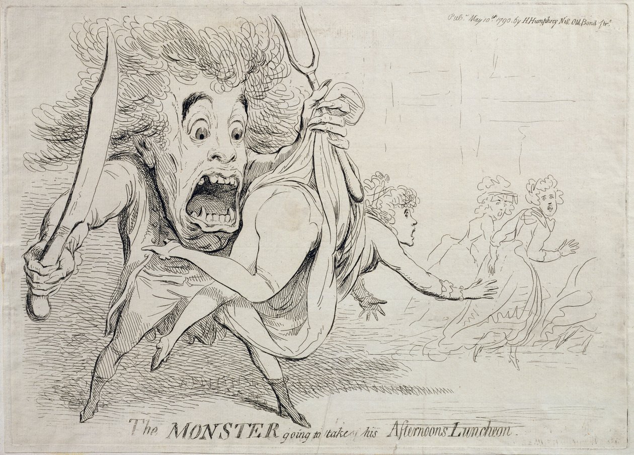 The Monster going to take his Afternoons Luncheon, udgivet af Hannah Humphrey i 1790 af James Gillray