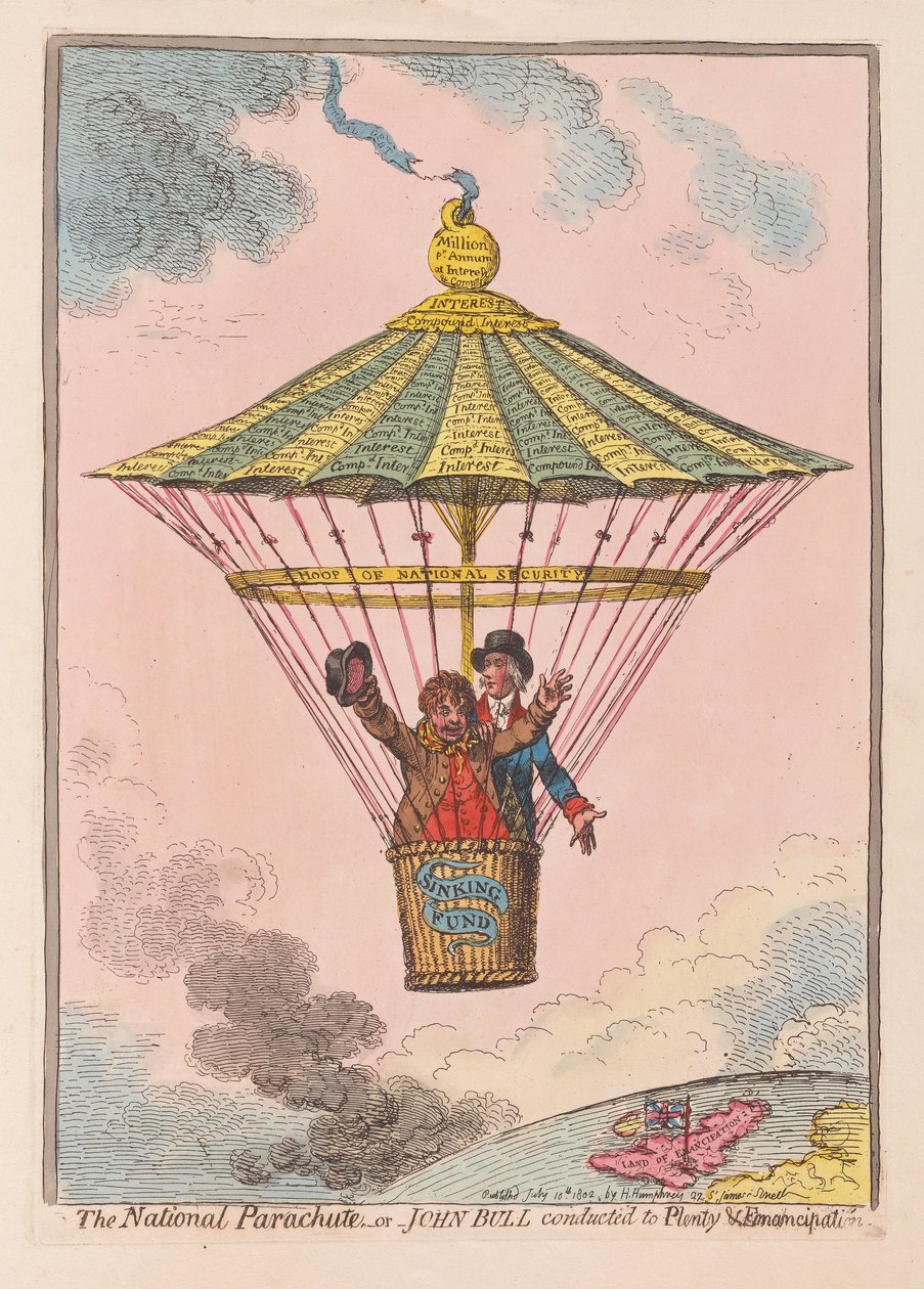 The National Parachute eller John Bull dirigeret til Plenty and Emancipation, pub. 1802 (håndfarvet gravering) af James Gillray