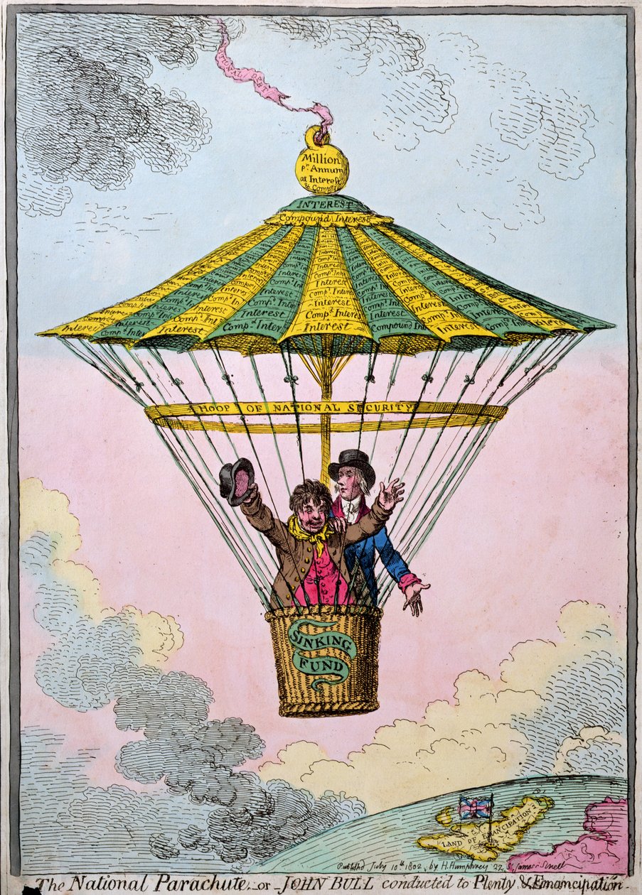 The National Parachute, eller John Bull conducted to Plenty and Emancipation, udgivet af Hannah Humphrey i 1802 (håndfarvet radering) af James Gillray
