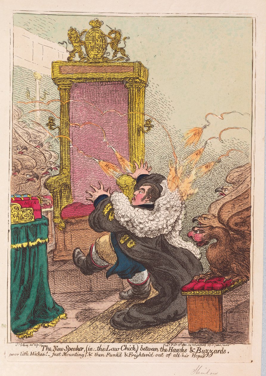 The New Speaker, (dvs. Law-Chick) mellem Hawks and Buzzards, pub. 1800 (håndfarvet gravering) af James Gillray