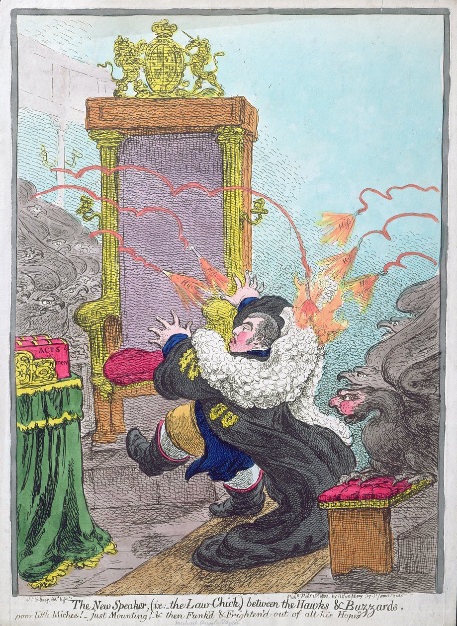 The New Speaker (dvs. Law-Chick) mellem høge og musvåger, udgivet af Hannah Humphrey i 1800 (håndkoloreret radering) af James Gillray