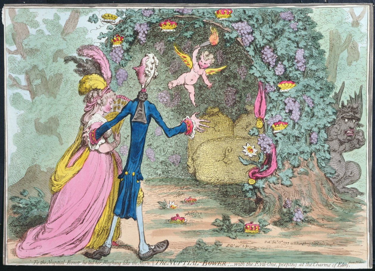 The Nuptial Bower with the Evil-One kigger på Charms of Eden, udgivet af Hannah Humphrey i 1797 (håndfarvet radering) af James Gillray