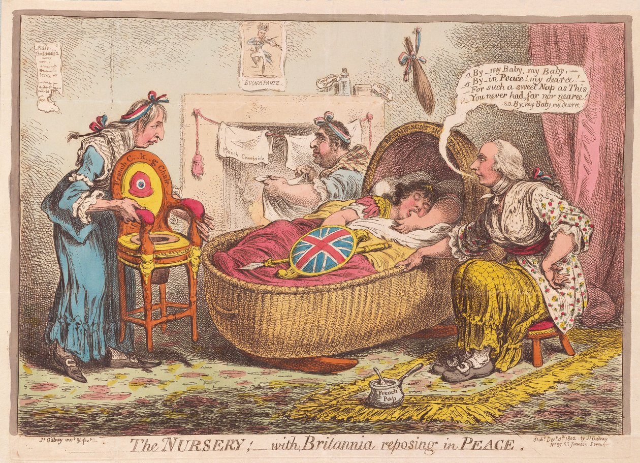 Vuggestuen; med Britannia hvilende i Peace, pub. 1802 (håndfarvet gravering) af James Gillray