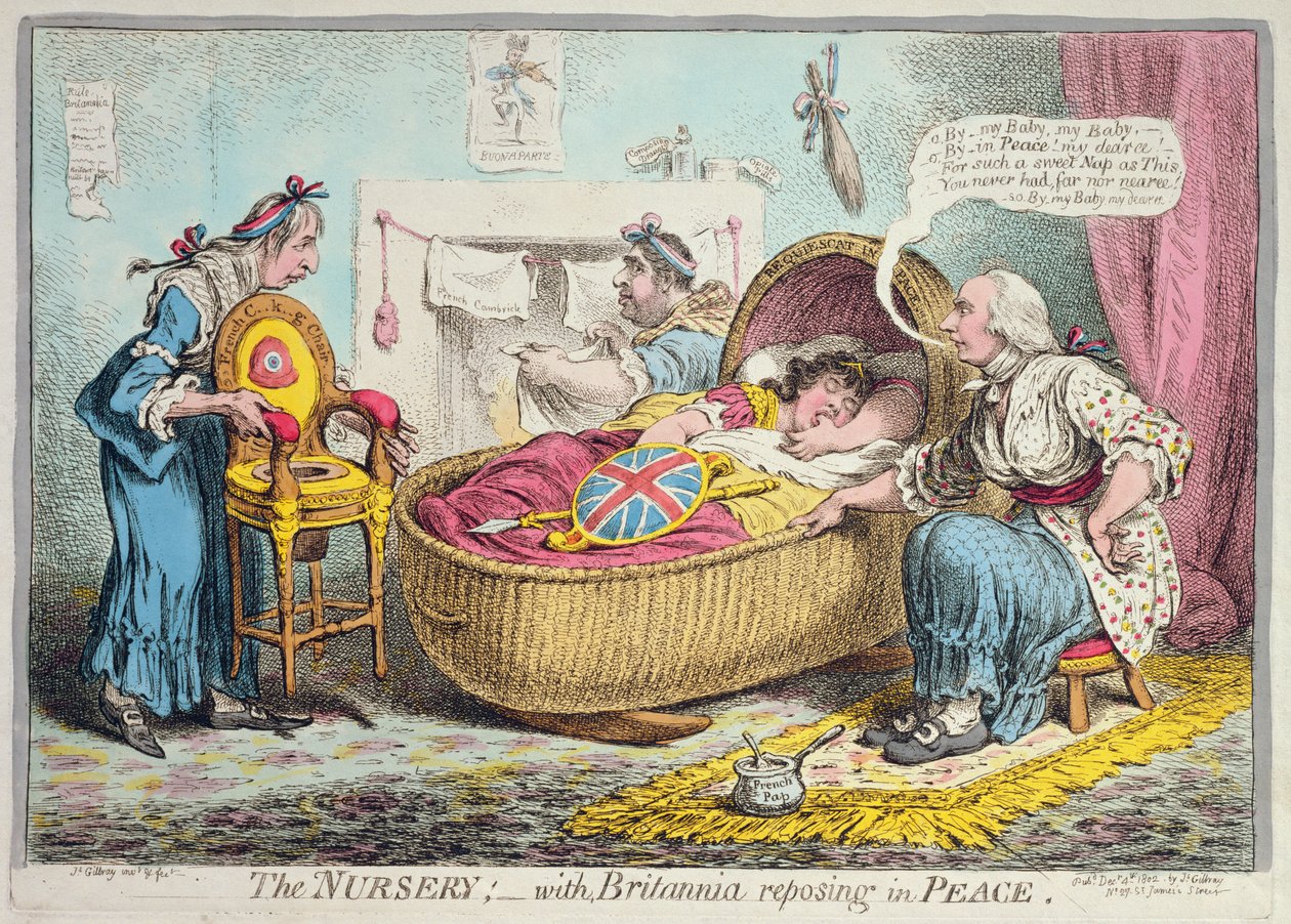 Børnehaven! med Britannia hvilende i fred, udgivet af Hannah Humphrey i 1802 (håndfarvet radering) af James Gillray