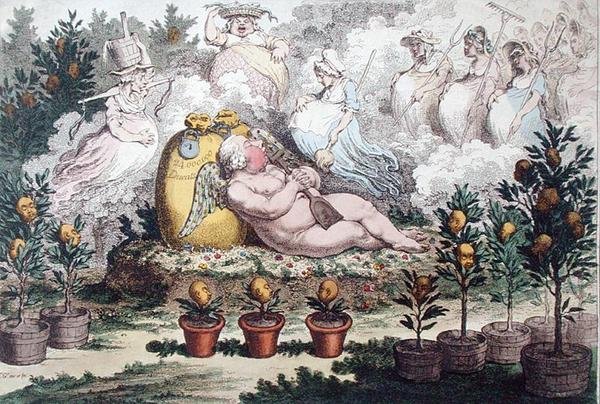 Orangeriet, eller den hollandske amor-reposing, After the Fatigues of Planting, udgivet af Hannah Humphrey i 1796 (håndfarvet radering) af James Gillray