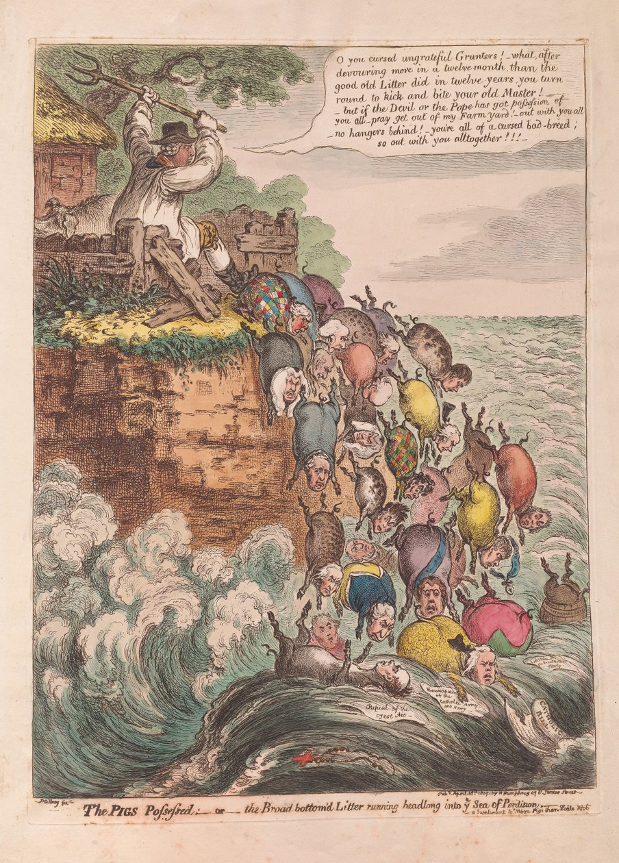 The Pigs Possessed: eller den bredbundede kuld, der løber hovedkulds ind i Fortabelsens Hav, pub. 1807 (håndfarvet gravering) af James Gillray