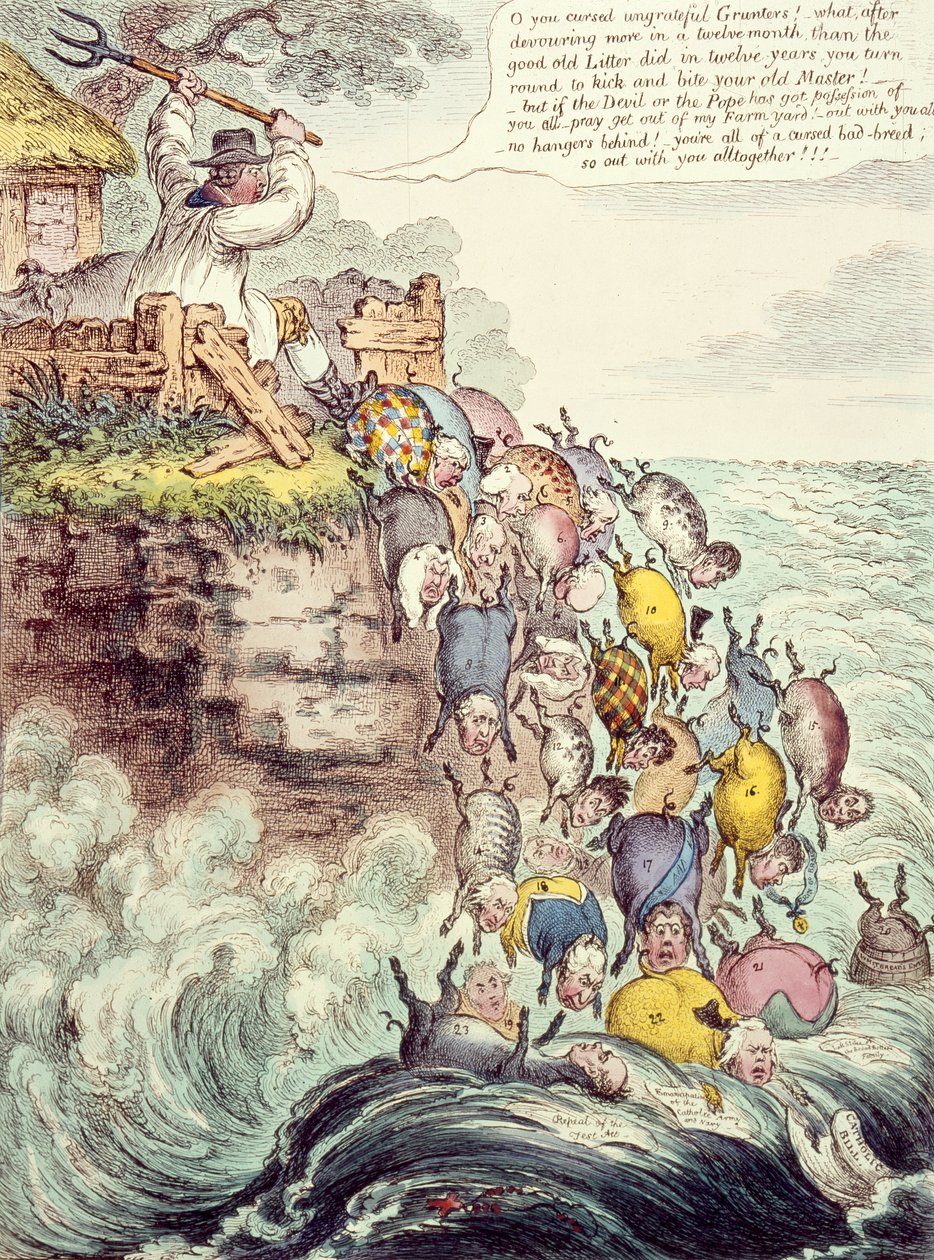 De besatte grise eller den bredbundede kuld, der løber hovedkulds ind i Fortabelsens Hav, 1807 af James Gillray