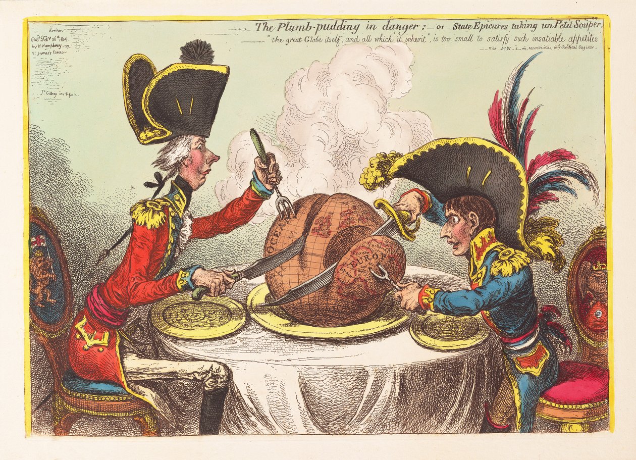 Blommebuddingen i fare eller statsepicurer, der tager en Petit Souper, pub. 1805 (håndfarvet gravering) af James Gillray