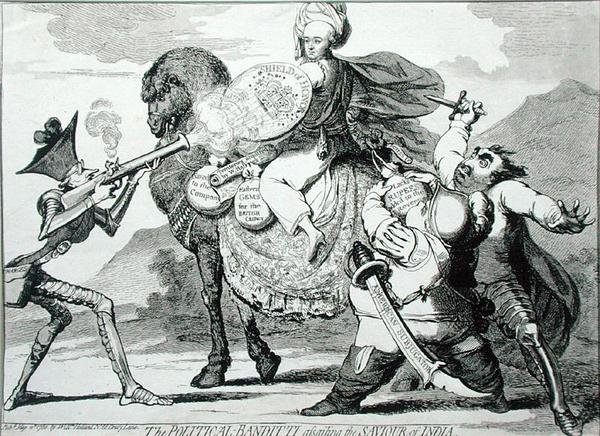 The Political Banditti Assailing the Savior of India, udgivet af W. Holland i 1786 (radering) af James Gillray