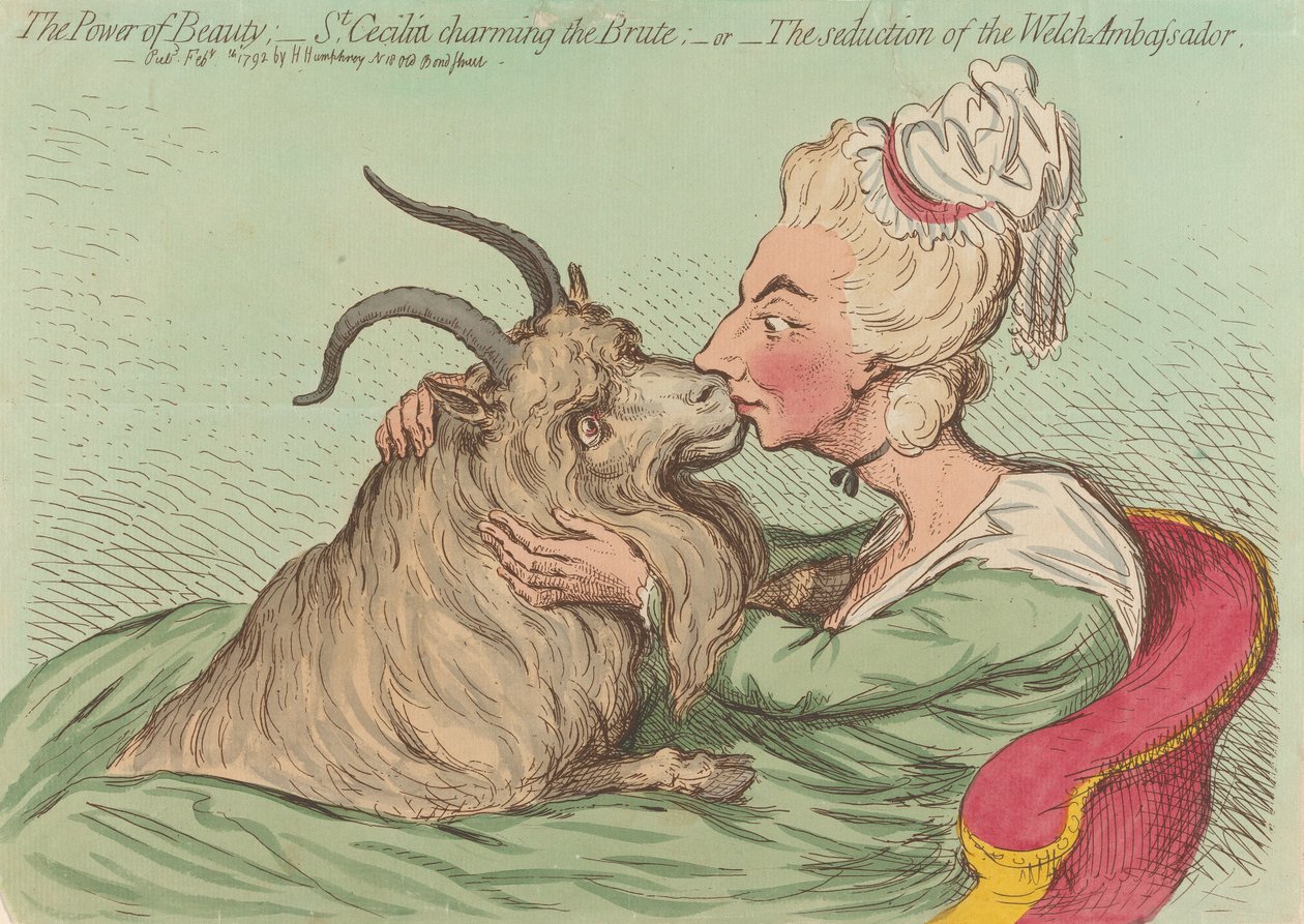 Skønhedens magt; - Sankt Cecilia fortryller dyret; - eller - Forførelsen af den walisiske ambassadør (fra: Caricature, bind 2) af James Gillray