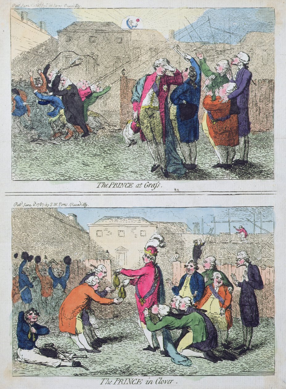 Prinsen på græs og Prinsen i kløver, udgivet af S.W. Fores i 1787 (håndkoloreret radering) af James Gillray