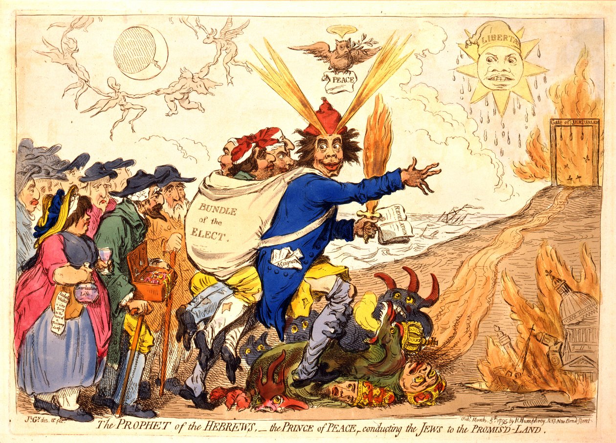 Hebræernes Profet - Fredsfyrsten leder jøderne til det forjættede land, pub. Hannah Humphrey, 1795 (håndfarvet gravering) af James Gillray