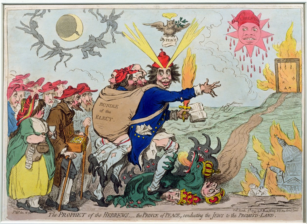 Hebræernes profet: Fredsfyrsten fører jøderne til det forjættede land, udgivet af Hannah Humphrey i 1795 (håndfarvet radering) af James Gillray