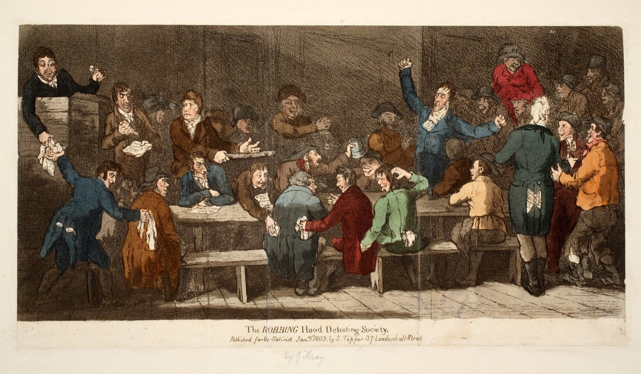 The ROBBING Hood Debating Society, pub S. Tipper, 1. januar 1809 (håndfarvet gravering) af James Gillray