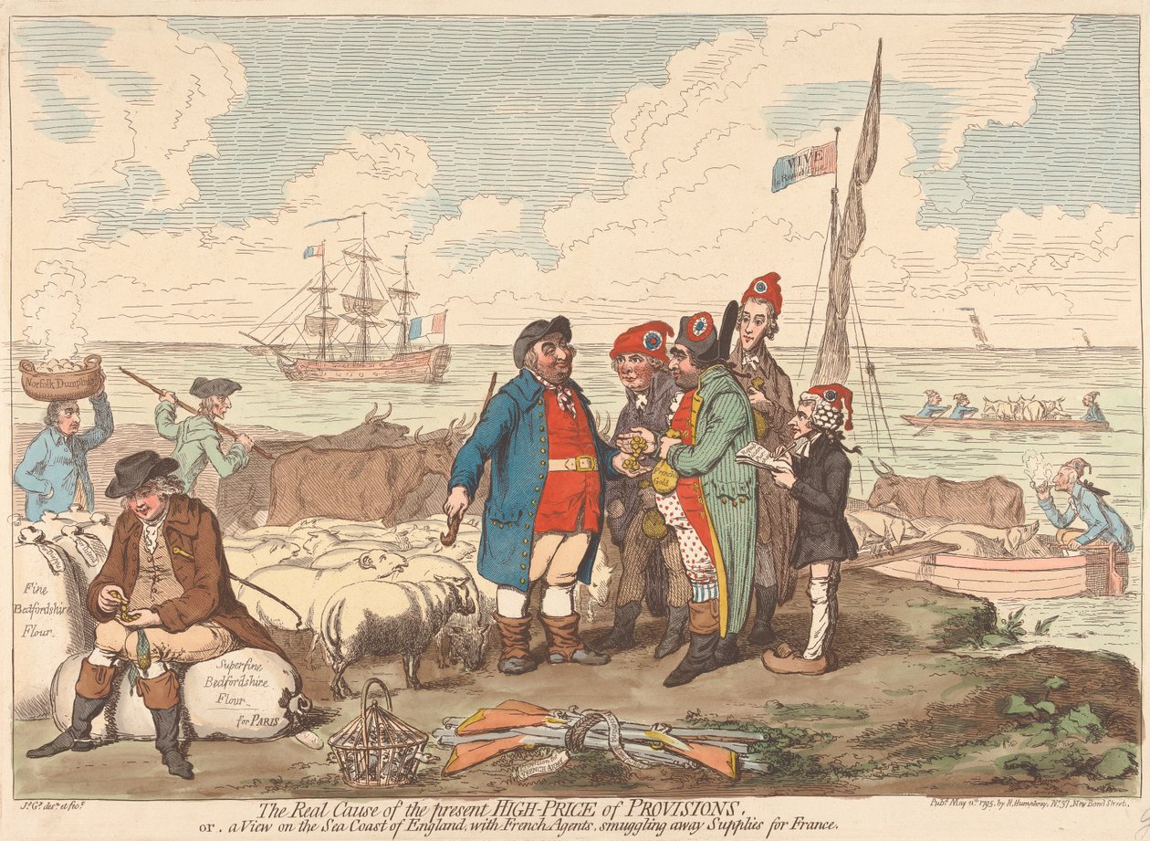 Den virkelige årsag til de nuværende høje fødevarepriser eller et blik på Englands kyst med franske agenter, der smugler forsyninger til Frankrig af James Gillray