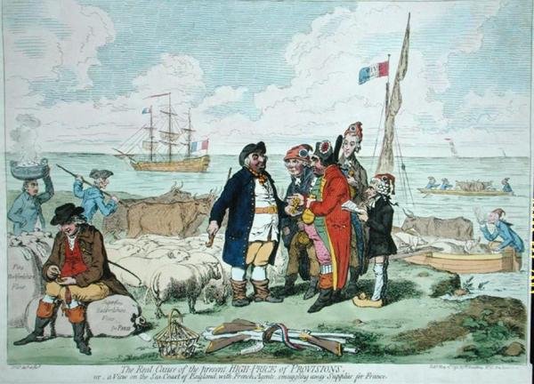 Den egentlige årsag til den nuværende høje pris på proviant, udgivet af Hannah Humphrey i 1795 (håndfarvet radering) af James Gillray