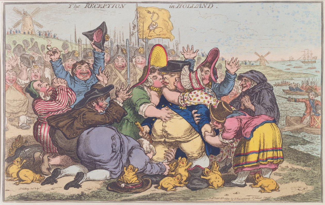 The Reception in Holland, udgivet af Hannah Humphrey i 1799 (håndfarvet radering) af James Gillray