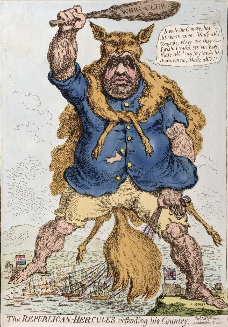 The Republican-Hercules Defending his Country, udgivet af Hannah Humphrey i 1797 (håndfarvet radering) af James Gillray