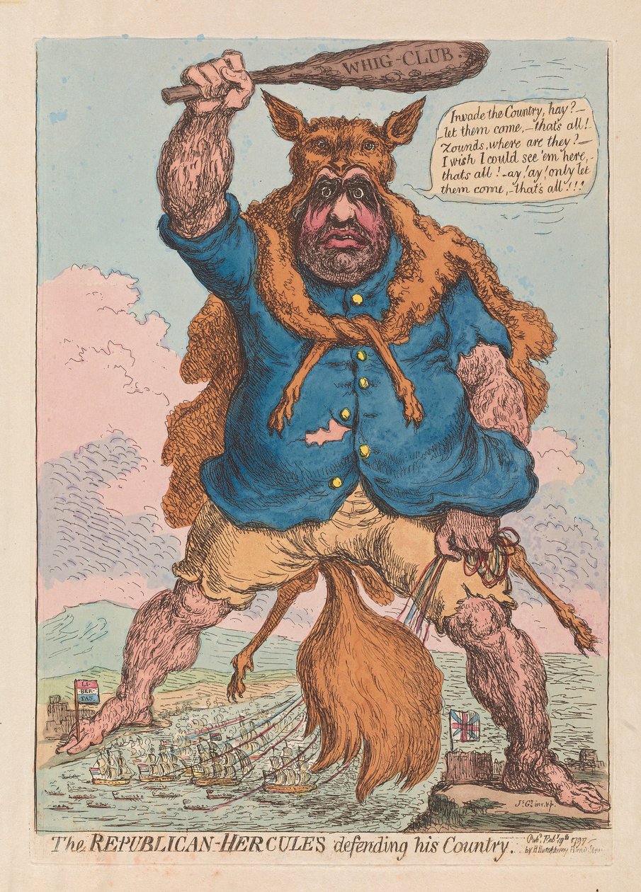 Den republikanske Hercules forsvarer sit land, pub. 1797 (håndfarvet gravering) af James Gillray