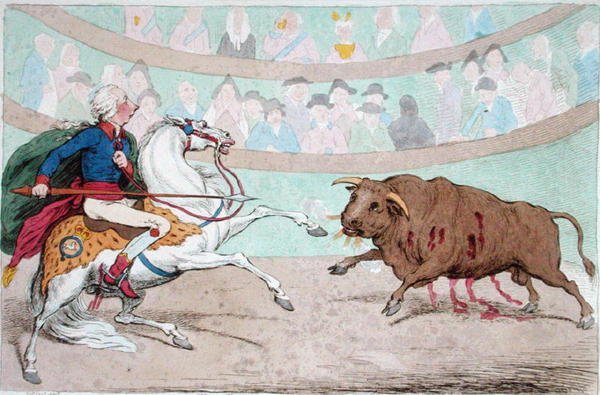 The Royal Bull-Fight, udgivet af Hannah Humphrey i 1795 (håndfarvet radering) af James Gillray