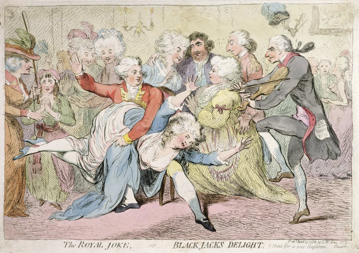 The Royal Joke, or Black Jacks Delight, udgivet af S.W. Fores i 1788 (håndkoloreret radering) af James Gillray