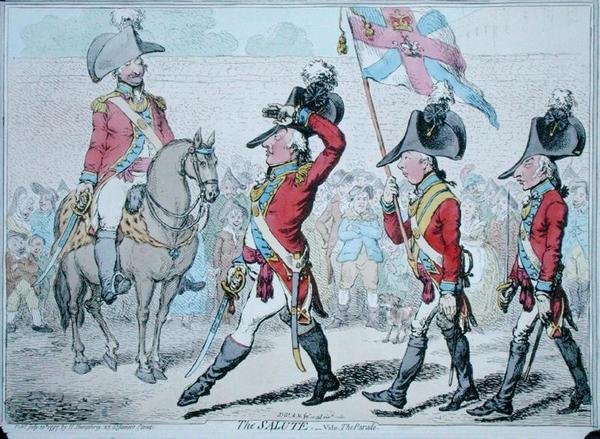 The Salute, or The Parade, udgivet af Hannah Humphrey i 1797 (håndfarvet radering) af James Gillray