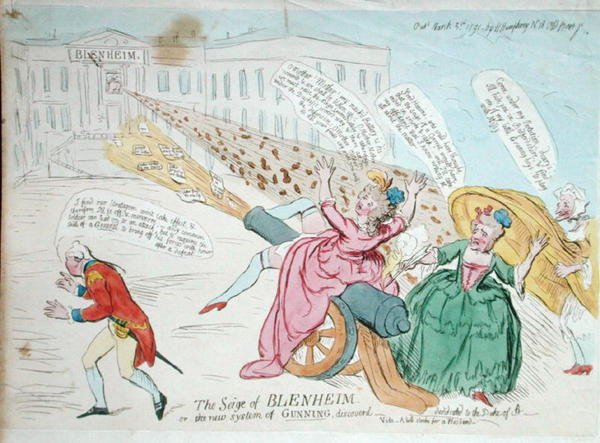 The Siege of Blenheim, eller The New System of Gunning discovered, udgivet af Hannah Humphrey i 1791 (håndfarvet radering) af James Gillray