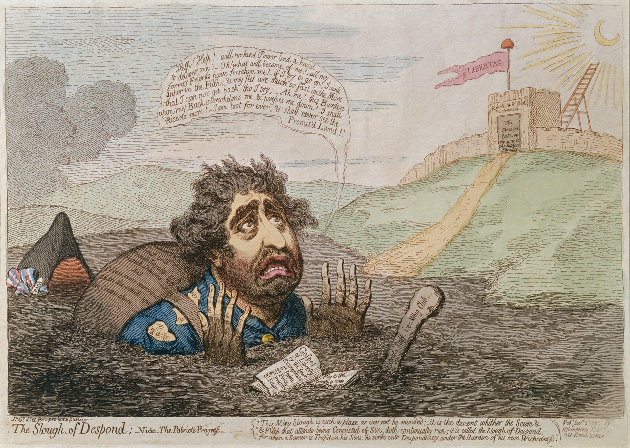 The Slough of Despond, udgivet af Hannah Humphrey i 1793 (håndkoloreret radering) af James Gillray
