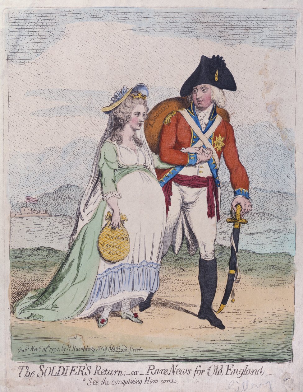 The Soldiers Return, eller Rare News for Old England, udgivet af Hannah Humphrey i 1791 (håndfarvet radering) af James Gillray