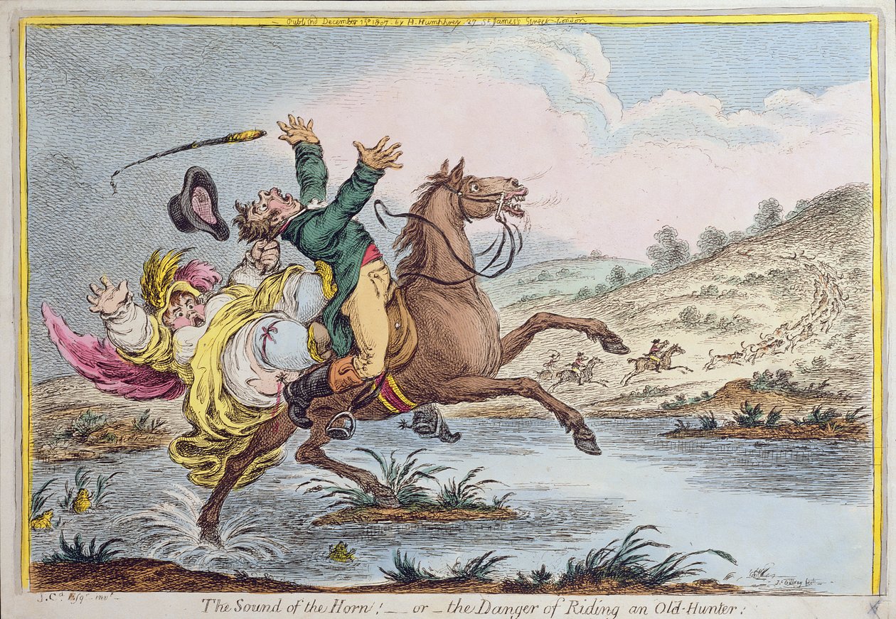 The Sound of the Horn, or The Danger of Riding an Old Hunter, udgivet af Hannah Humphrey i 1807 (håndfarvet radering) af James Gillray