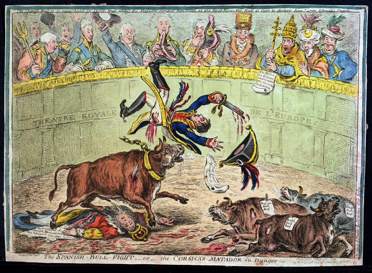 Den spanske tyrekamp eller den korsikanske matador i fare, udgivet af Hannah Humphrey i 1808 (håndfarvet radering) af James Gillray