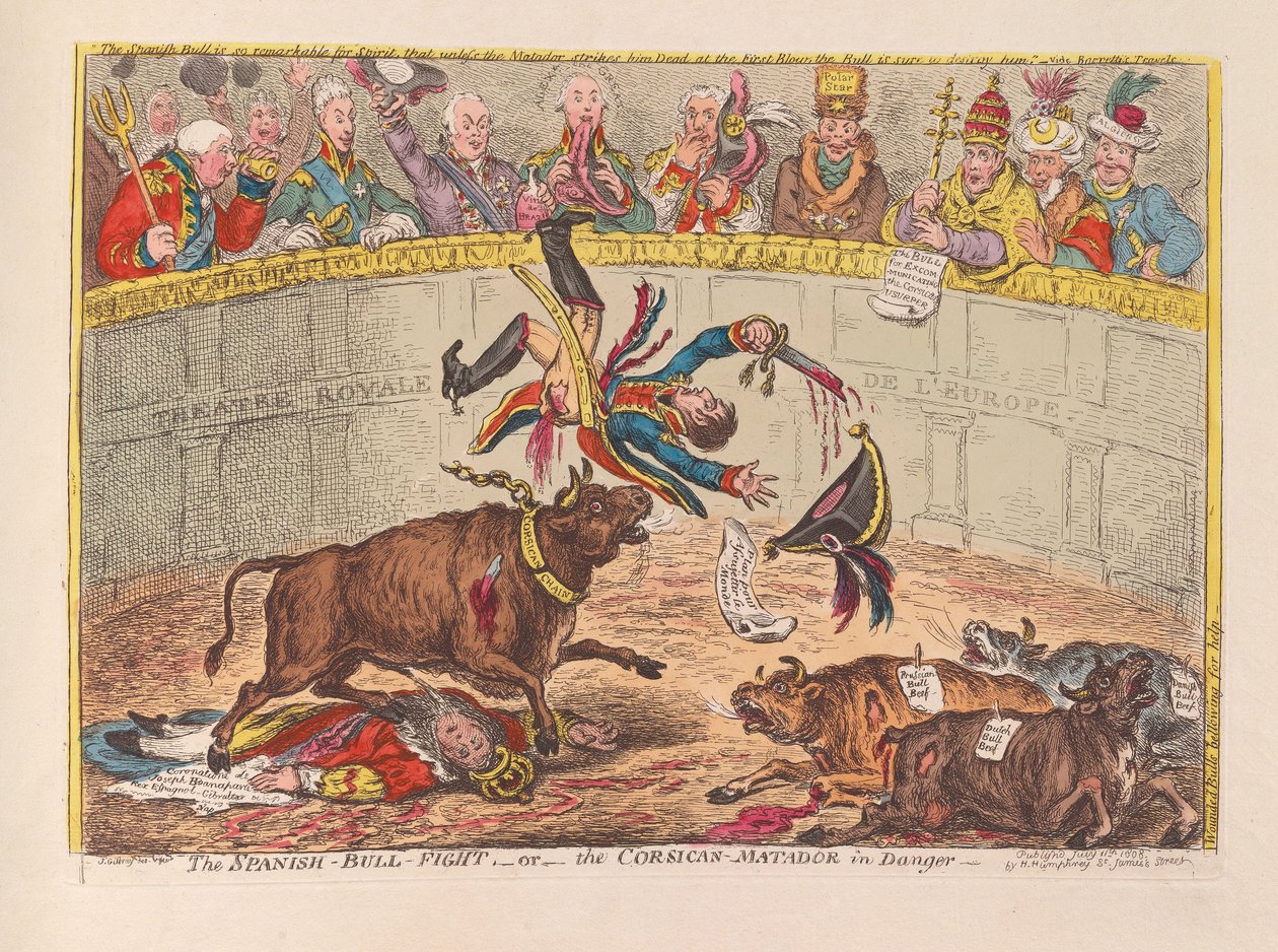 Den spanske tyrekamp eller den korsikanske Matador i fare, pub. 1805 (håndfarvet gravering) af James Gillray