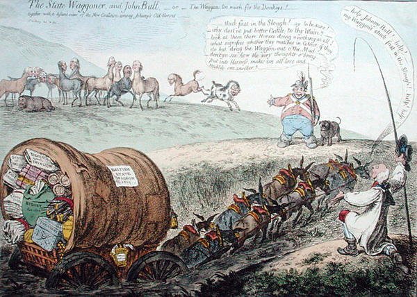 Statsvognen og John Bull, eller vognen for meget for æslerne! udgivet af Hannah Humphrey i 1804 (håndfarvet radering) af James Gillray