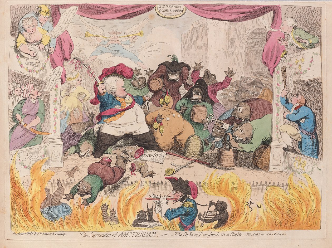 Overgivelsen af Amsterdam eller hertugen af Brunswick i en travl pub. 1787 (håndfarvet gravering) af James Gillray