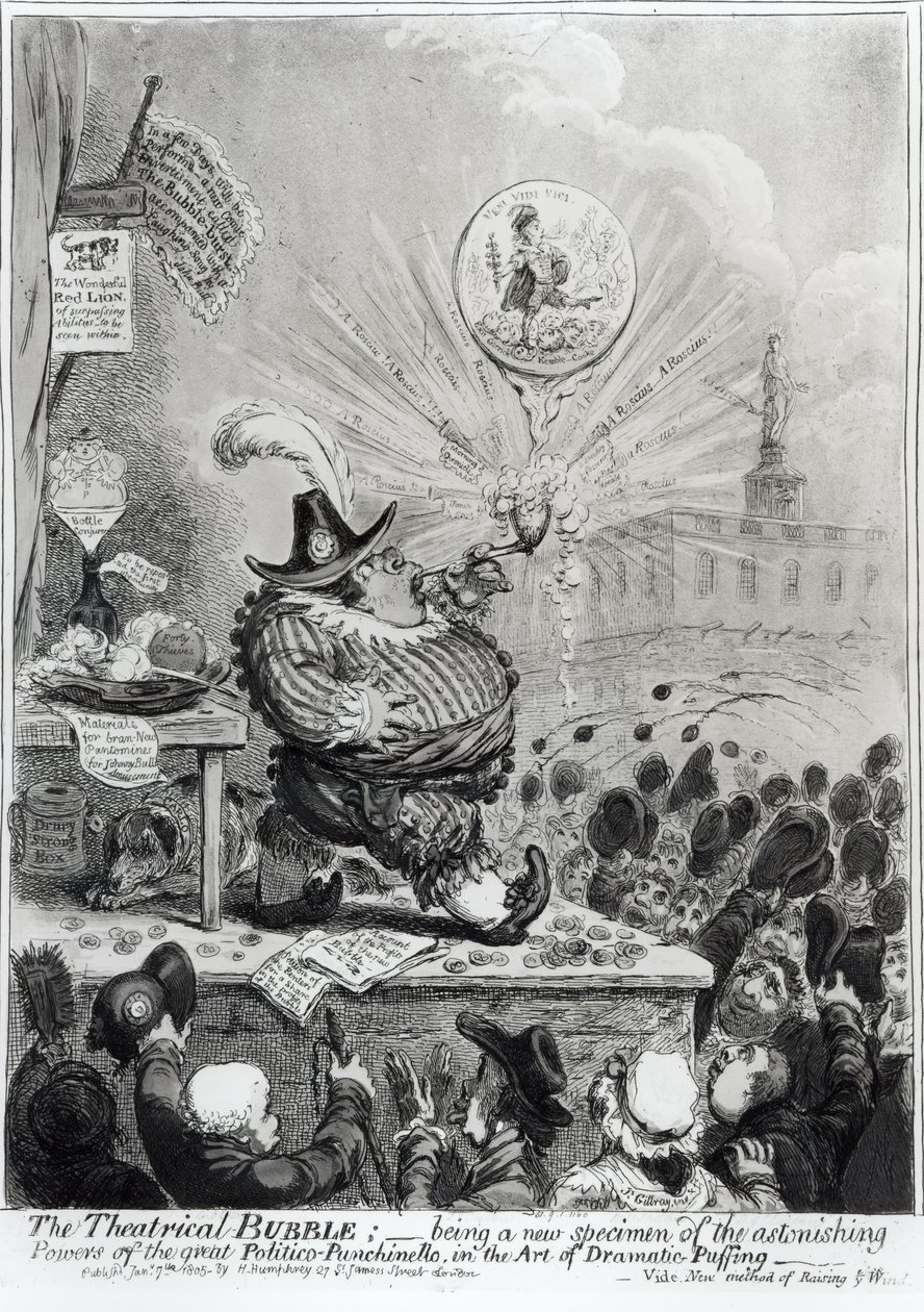 The Theatrical Bubble... udgivet af Hannah Humphrey (fl.1778-1822) 1805 (etching und aquatint) af James Gillray