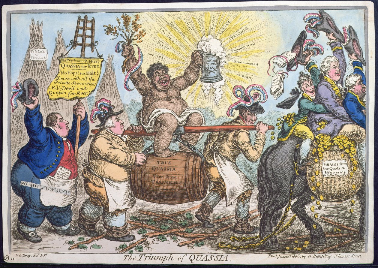 The Triumph of Quassia, udgivet af Hannah Humphrey i 1806 (håndfarvet radering) af James Gillray