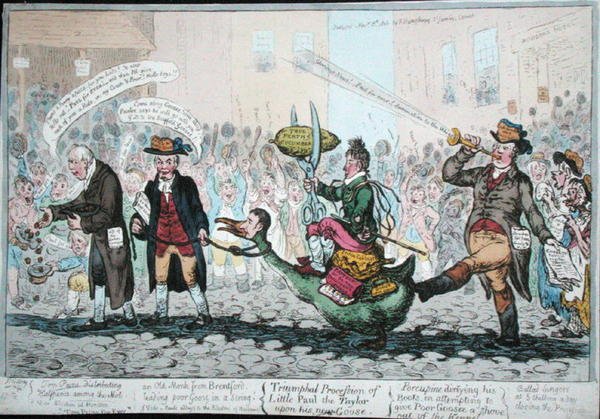 The Triumphal Procession of Little Paul the Taylor på hans nye gås, udgivet i 1806 (håndfarvet radering) af James Gillray