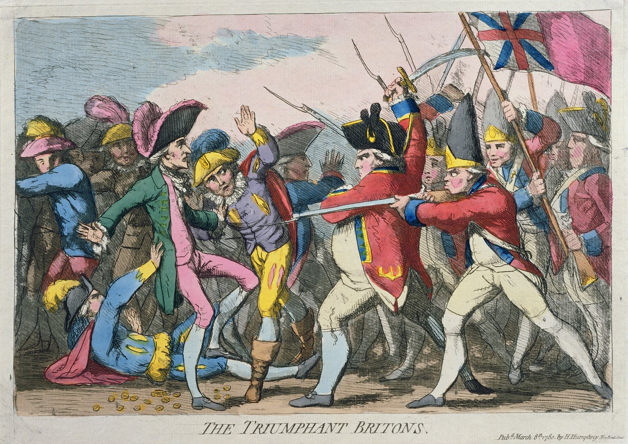 The Triumphant Britons, udgivet af Hannah Humphrey i 1780 (håndfarvet radering) af James Gillray
