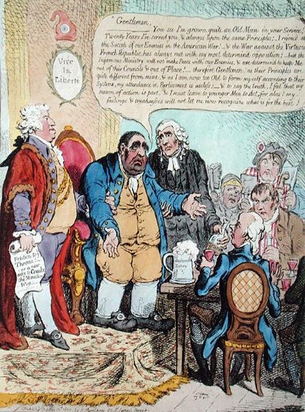 The Worn Out Patriot, eller Westminster-repræsentantens sidste døende tale ved jubilæumsmødet den 10. oktober 1800, afholdt på Shakespeare Tavern, udgivet af Hannah Humphrey i 1800 (håndfarvet radering) af James Gillray