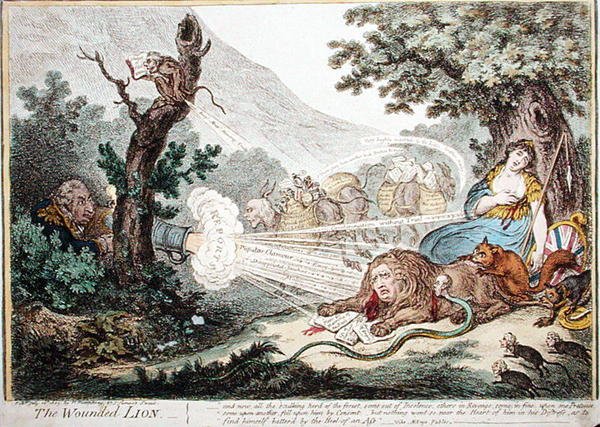 The Wounded Lion, udgivet af Hannah Humphrey i 1805 (håndfarvet radering) af James Gillray