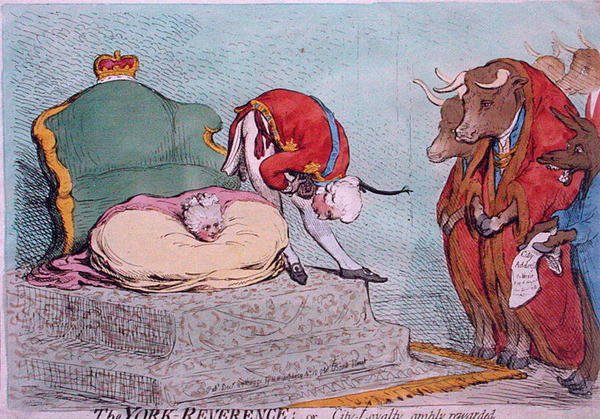 The York Reverence, eller City Loyalty, rigeligt belønnet, udgivet af Hannah Humphrey i 1791 (håndfarvet radering) af James Gillray