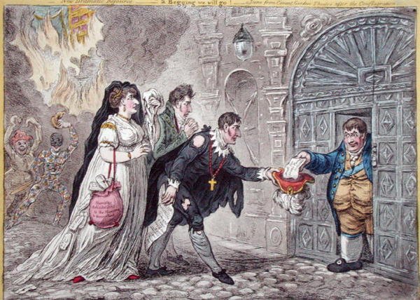 Theatrical Mendicants relieved, udgivet af Hannah Humphrey i 1809 (håndfarvet radering) af James Gillray